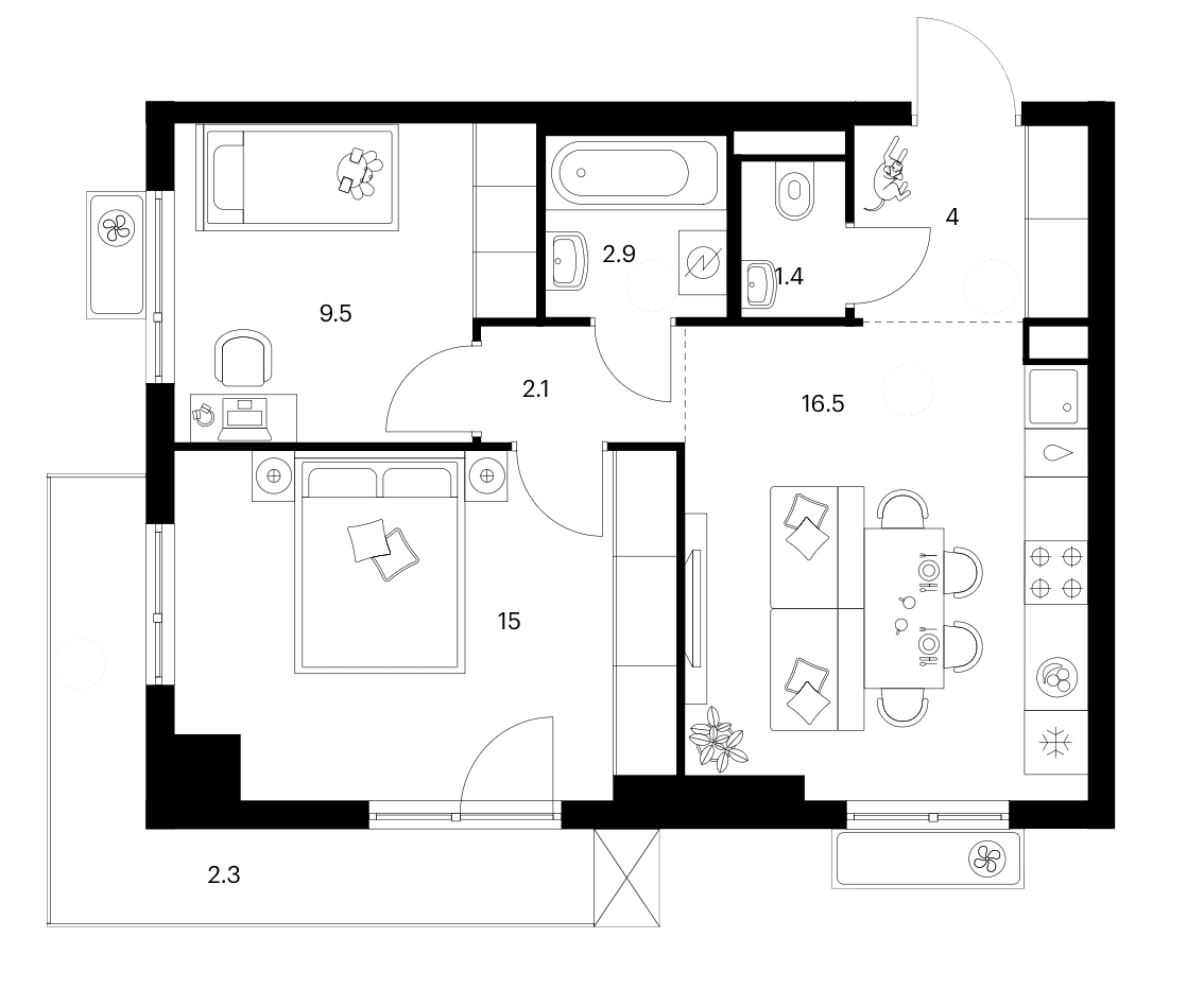 Планировка: 2-комнатная квартира 51,4 м² в ЖК «Белая Дача парк»