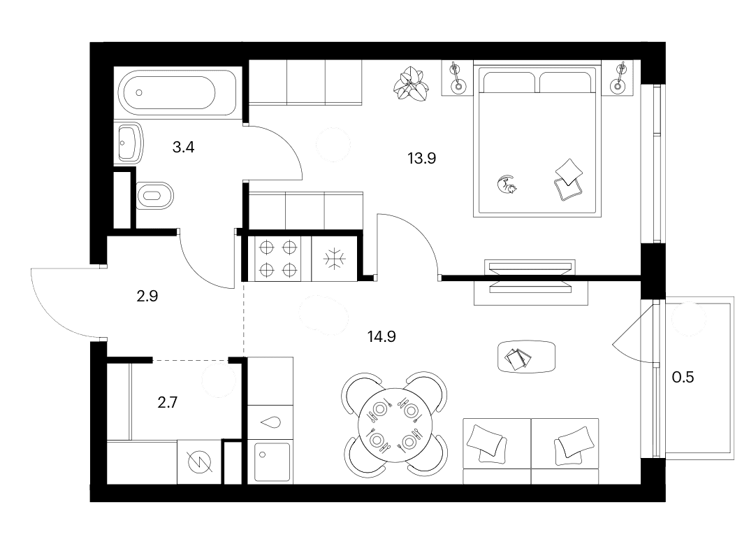Планировка: 1-комнатная квартира 37,8 м² в ЖК «Бунинская набережная»
