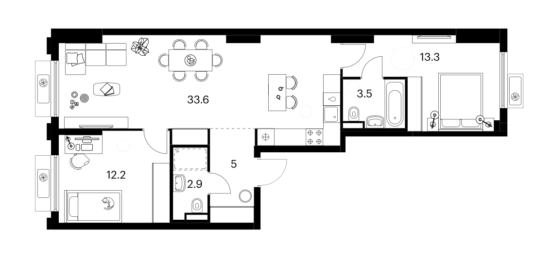 Планировка: 2-комнатная квартира 70,5 м² в ЖК «Белая Дача парк»