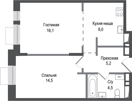 Планировка: Евродвушка 49,3 м² в ЖК «Киноквартал»