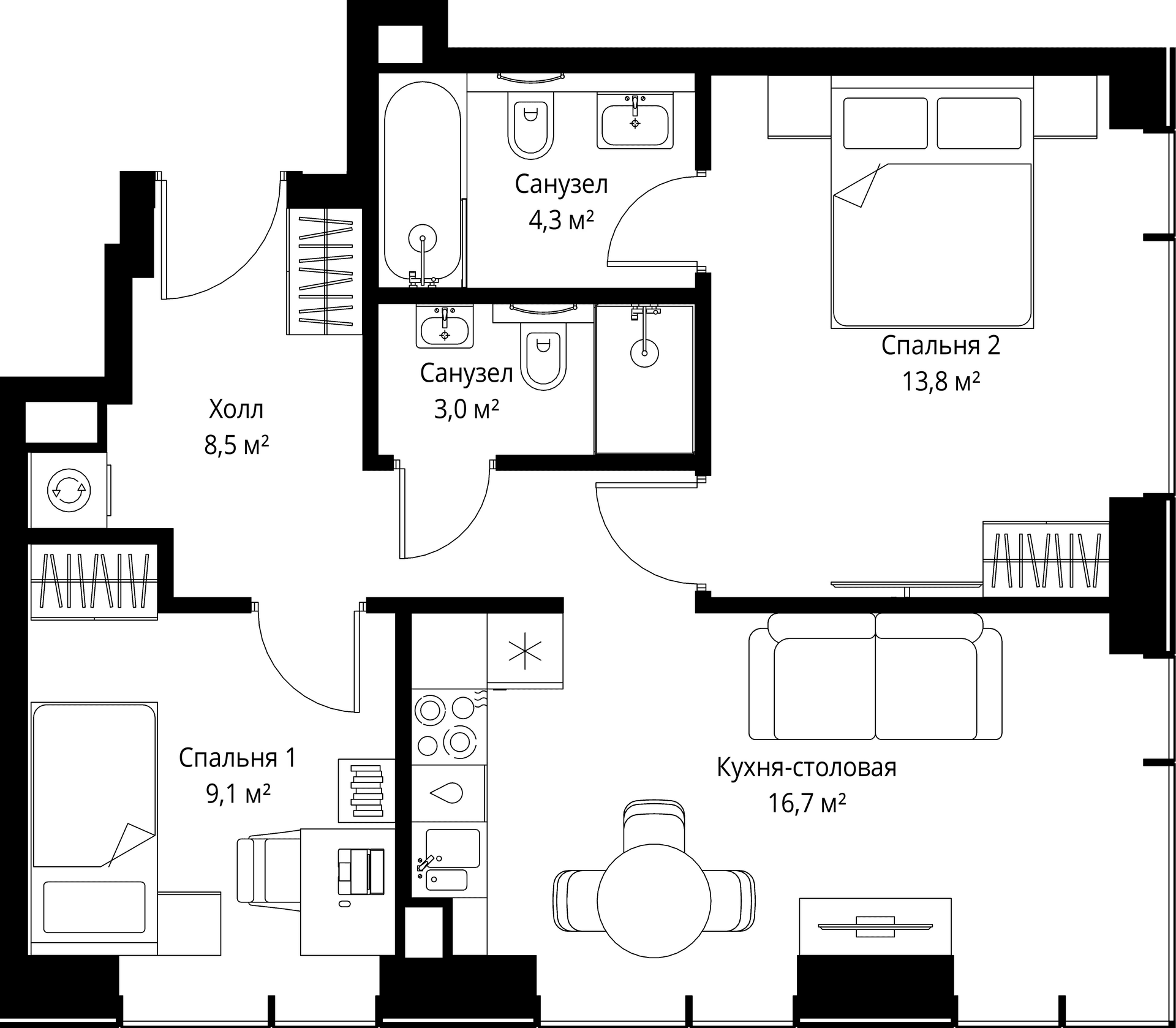 Планировка: Евродвушка 32,4 м² в ЖК «Веер»