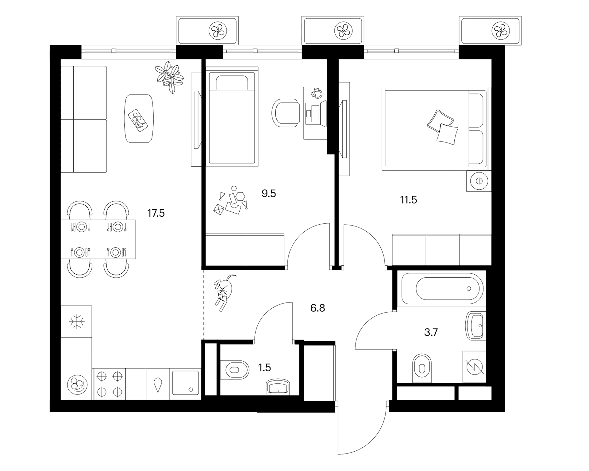 Планировка: 2-комнатная квартира 50,5 м² в ЖК «Белая Дача парк»