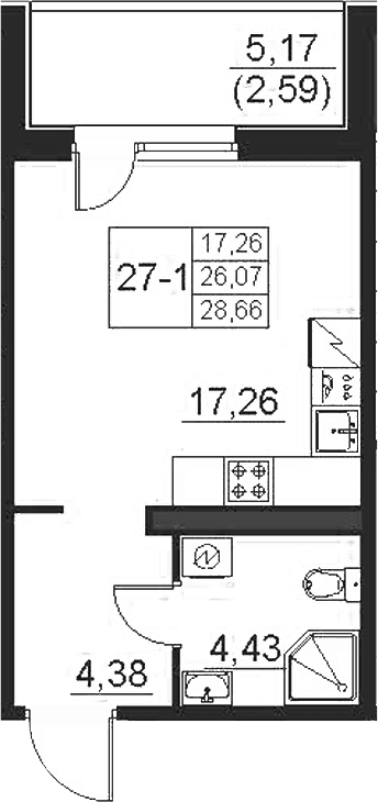 Планировка: Студия 26,1 м² в ЖК «Поинт Токсово»