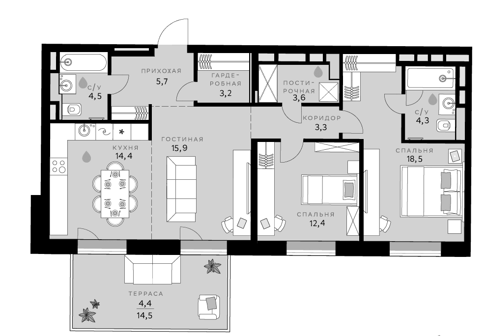Планировка: Евротрёшка 85,8 м² в ЖК «СберСити»