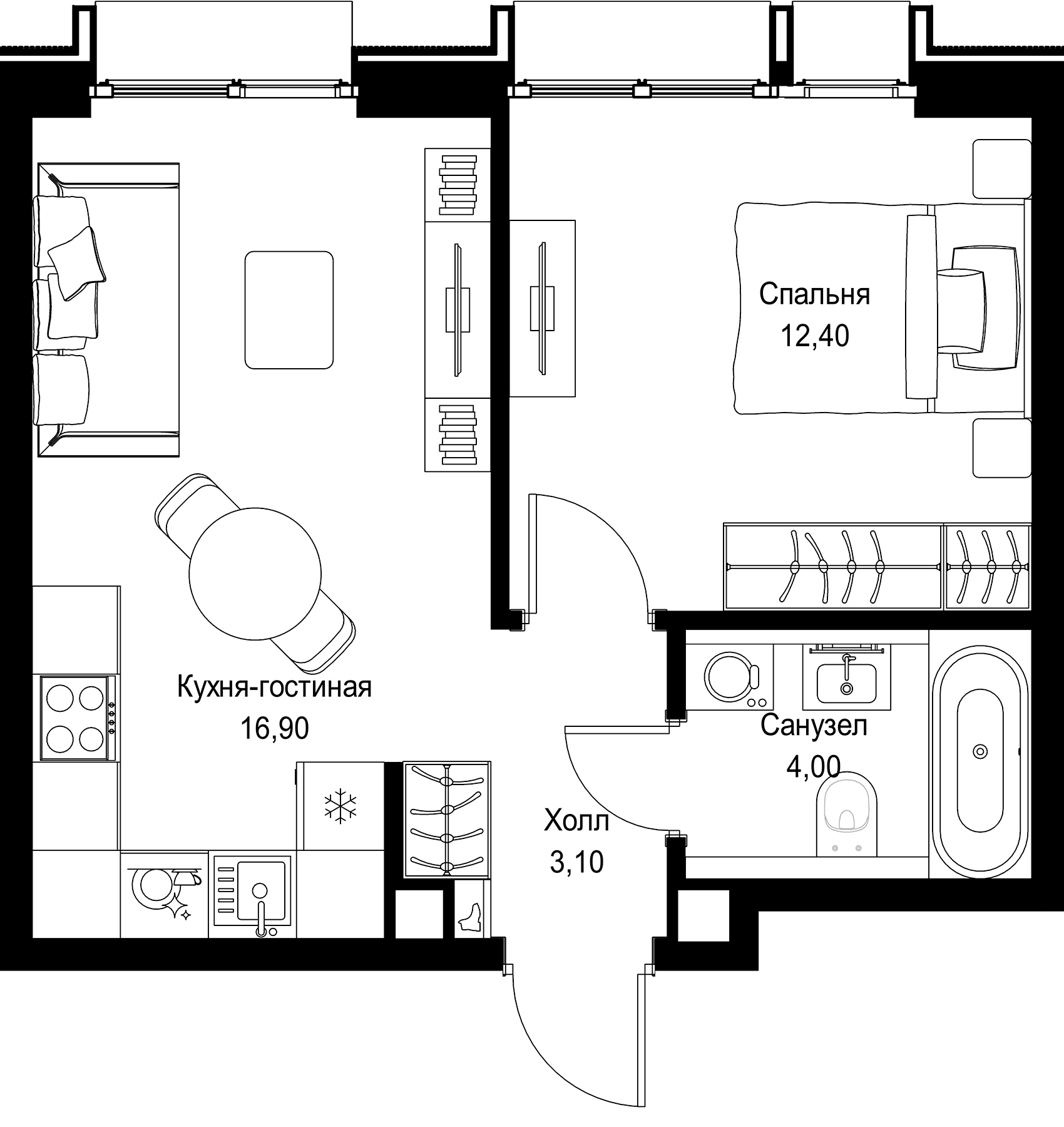 Планировка: Евродвушка 36,4 м² в ЖК «СИТИДЗЕН»