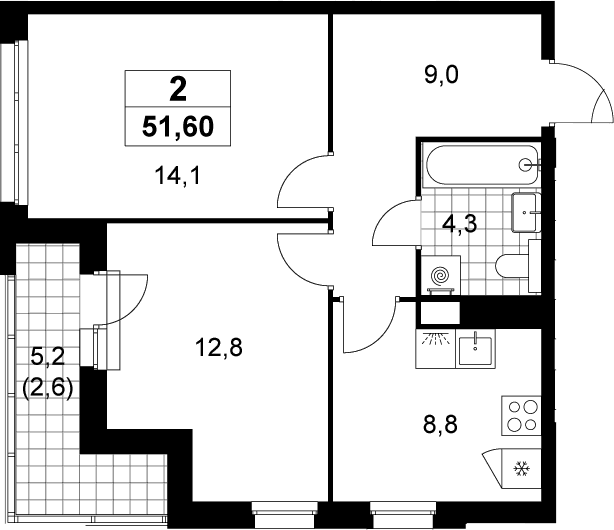 Планировка: 2-комнатная квартира 49 м² в ЖК «Деснаречье»