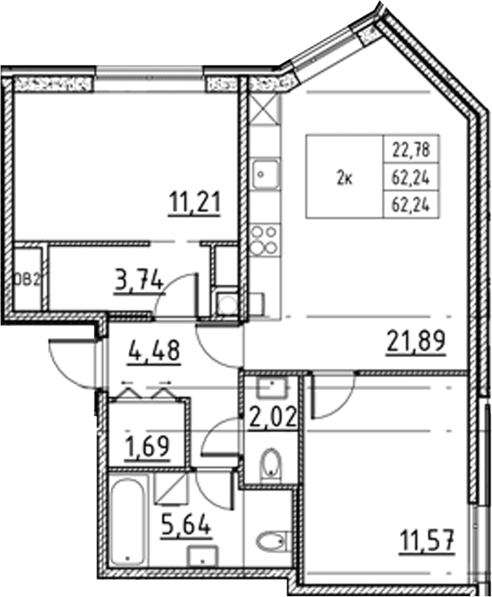 Планировка: Евротрёшка 62,2 м² в ЖК «Соло.Петергоф»