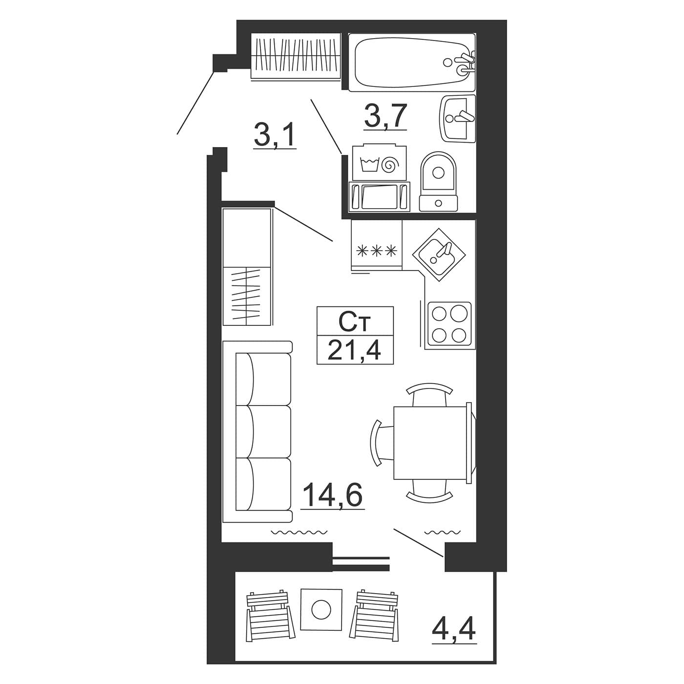 Планировка: Студия 21,4 м² в ЖК «Рубеж»