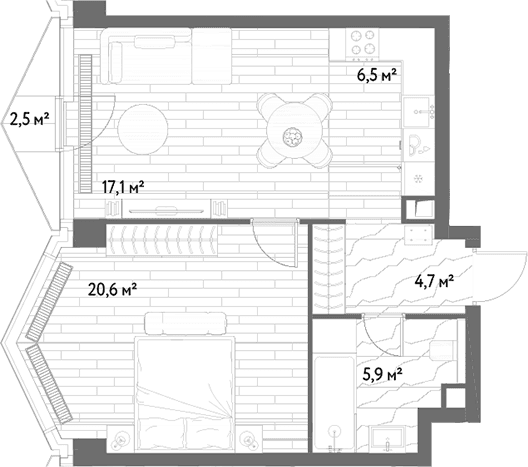 Планировка: Евродвушка 54,8 м² в ЖК «С5»