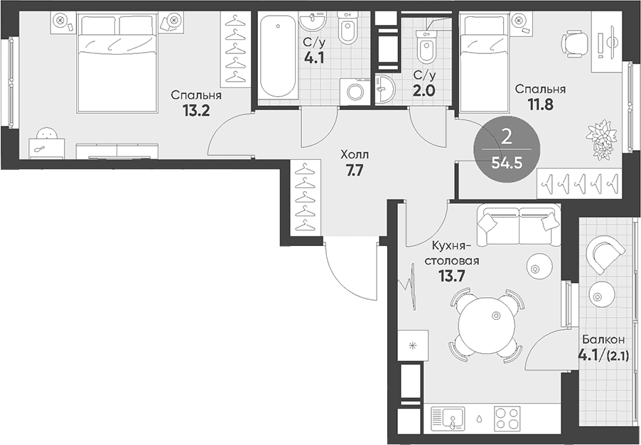 Планировка: 2-комнатная квартира 52,5 м² в ЖК «Клюква.Парк»