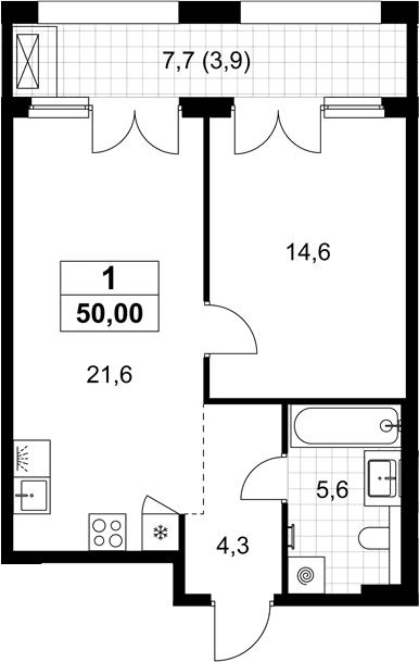 Планировка: Евродвушка 46,1 м² в ЖК «Хольм»