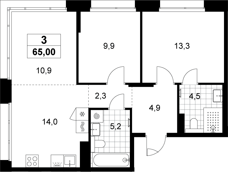 Планировка: Евротрёшка 65 м² в ЖК «Хольм»