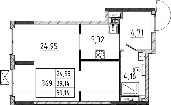 Планировка: Студия 39,1 м² в ЖК «Поварово-Молодежный-2»