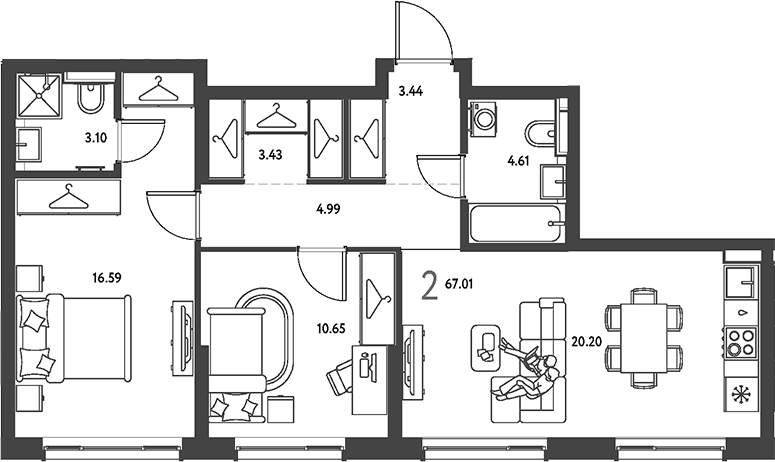 Планировка: 2-комнатная квартира 67 м² в ЖК «Страна.Парковая»