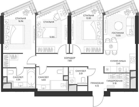 Планировка: Квартира евро-4 91,5 м² в ЖК «ХАЙДАУТ»