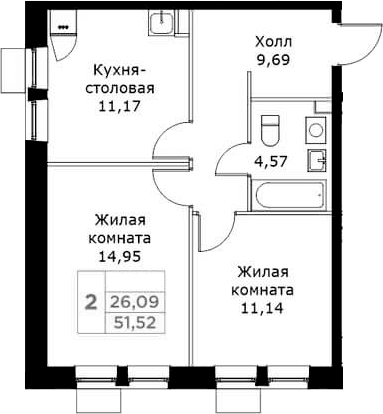 Планировка: 2-комнатная квартира 51,5 м² в ЖК «КИТ»