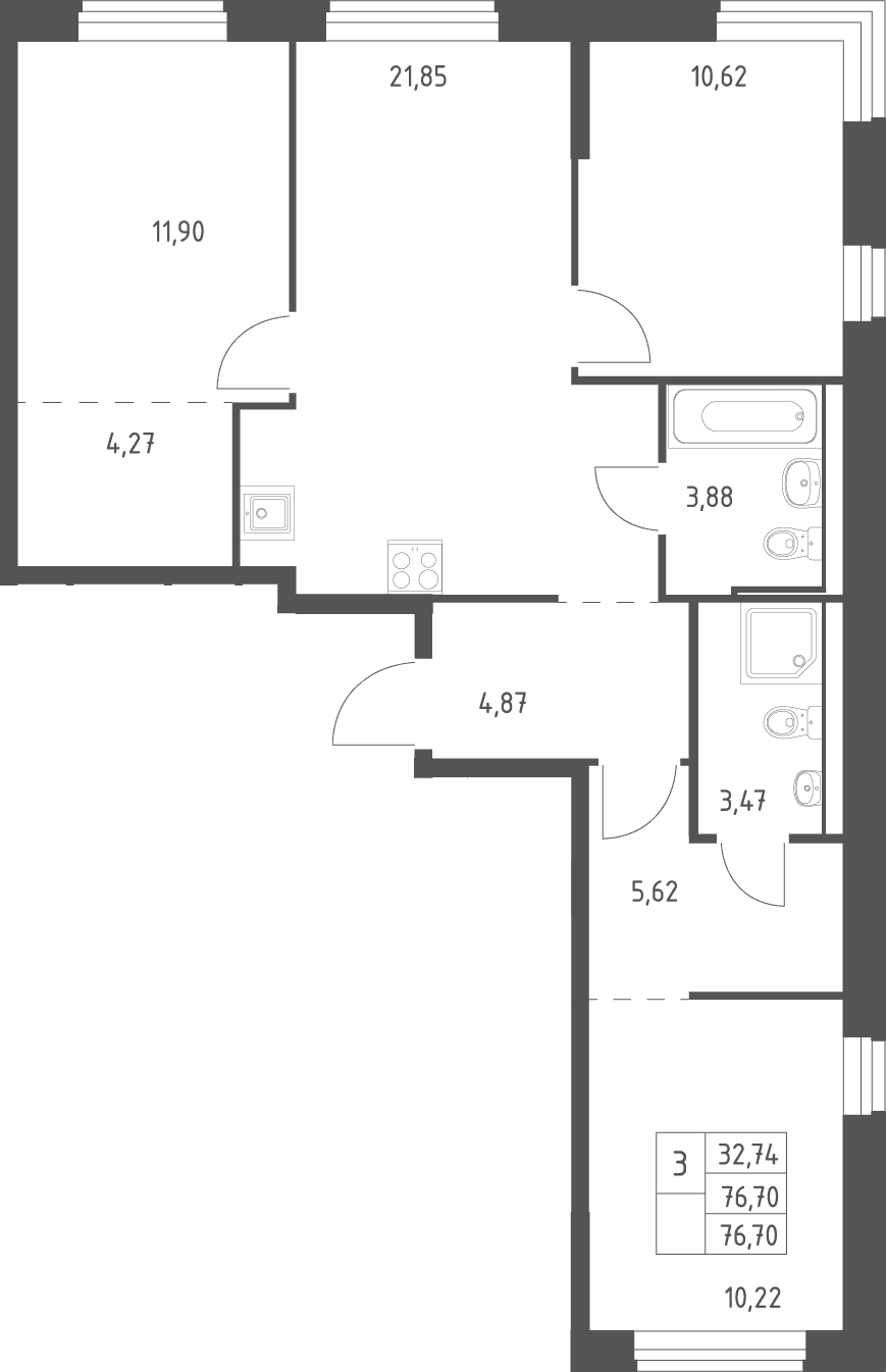 Планировка: Квартира евро-4 76,7 м² в ЖК «Квартал Ивакино»