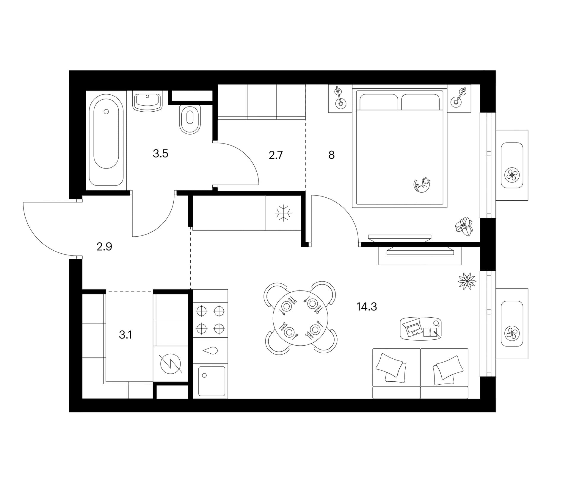 Планировка: 1-комнатная квартира 34,5 м² в ЖК «Белая Дача парк»
