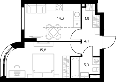 Планировка: 1-комнатная квартира 40,3 м² в ЖК «Адмирал»