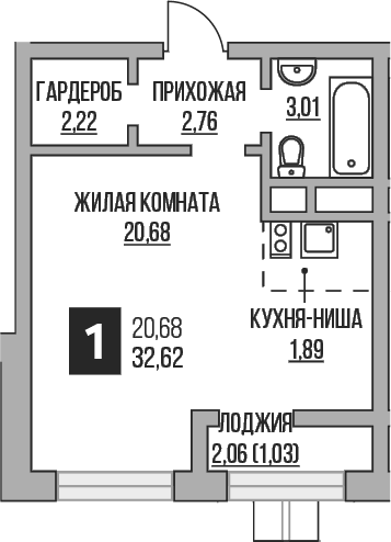 Планировка: Студия 30,6 м² в ЖК «Гранель Пехра»