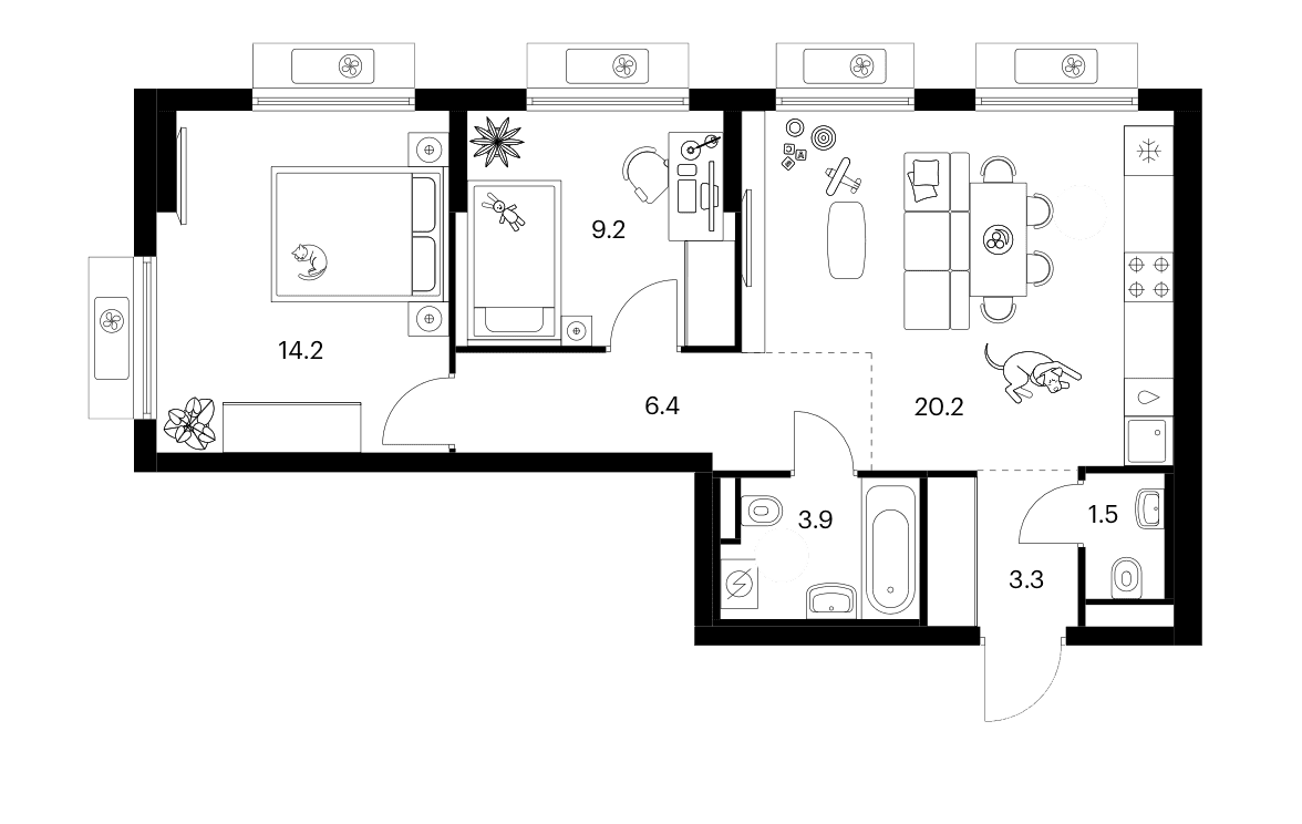 Планировка: 2-комнатная квартира 58,7 м² в ЖК «Белая Дача парк»