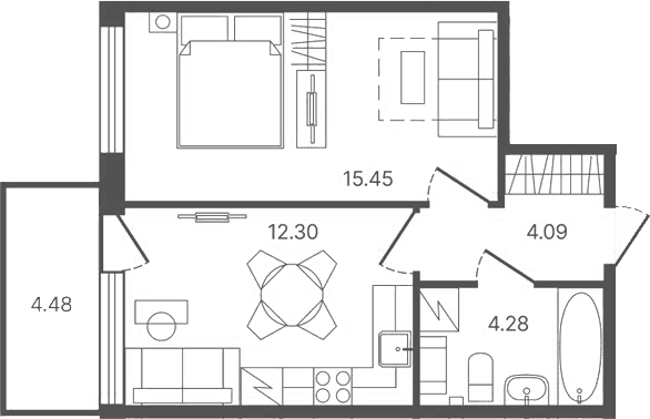 Планировка: 1-комнатная квартира 36,1 м² в ЖК «Рауни»