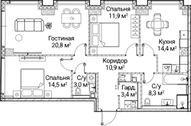 Планировка: 3-комнатная квартира 87,2 м² в ЖК «СЕЗАР БУДУЩЕЕ»