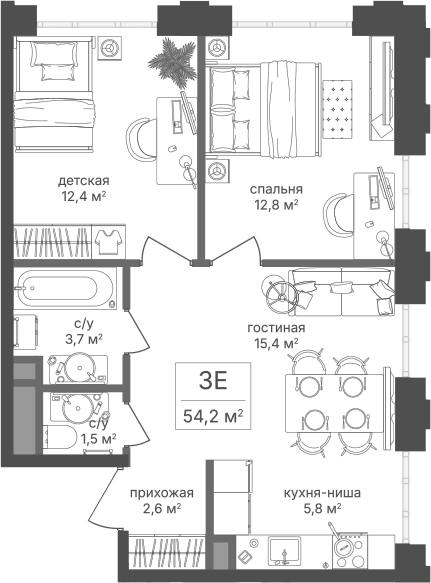 Планировка: Евротрёшка 54,2 м² в ЖК «Михалковский»