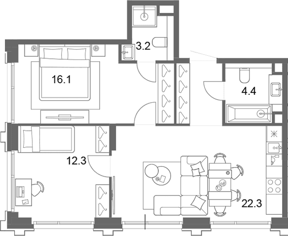 Планировка: Евротрёшка 62,3 м² в ЖК «ОМ Ботанический»
