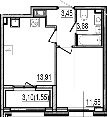 Планировка: Евродвушка 32,6 м² в ЖК «Оптимист»