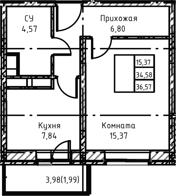 Планировка: 1-комнатная квартира 37,7 м² в ЖК «Высокий Берег»