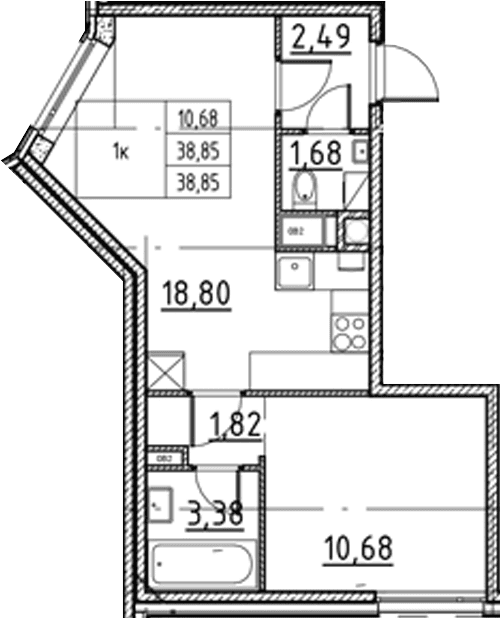 Планировка: Евродвушка 38,9 м² в ЖК «Соло.Петергоф»