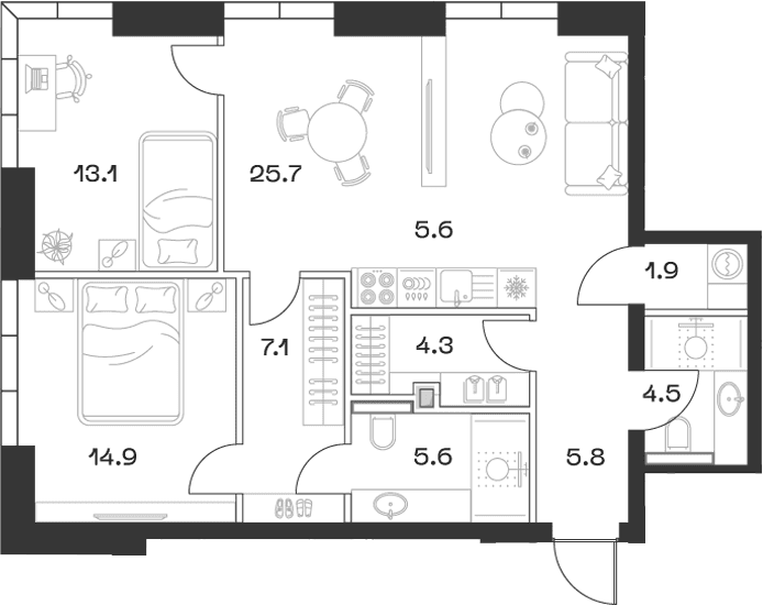 Планировка: Евротрёшка 80,2 м² в ЖК «SHIFT»
