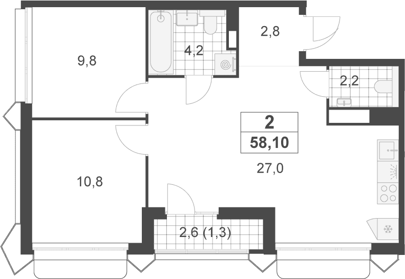 Планировка: Евротрёшка 56,8 м² в ЖК «Деснаречье»