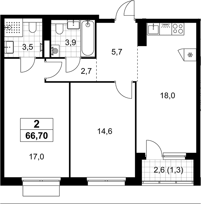 Планировка: Евротрёшка 65,4 м² в ЖК «Деснаречье»