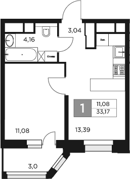 Планировка: 1-комнатная квартира 31,7 м² в ЖК «Восток 2»