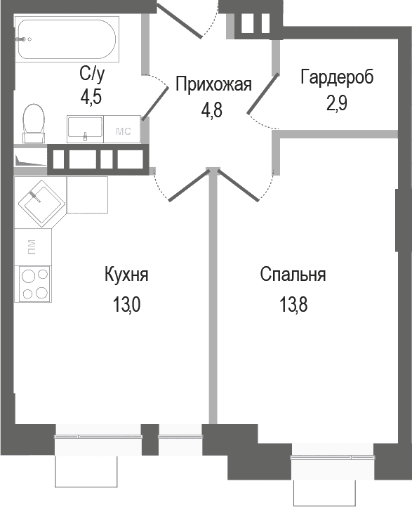 Планировка: 1-комнатная квартира 39 м² в ЖК «Киноквартал»