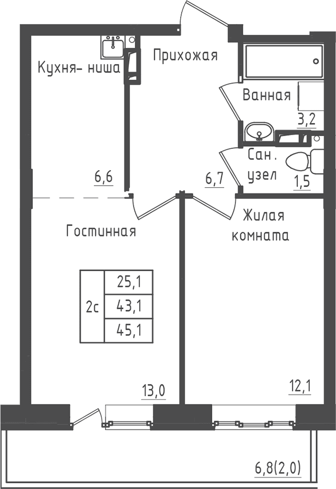 Планировка: 2-комнатная квартира 43,1 м² в ЖК «Зеленый город»