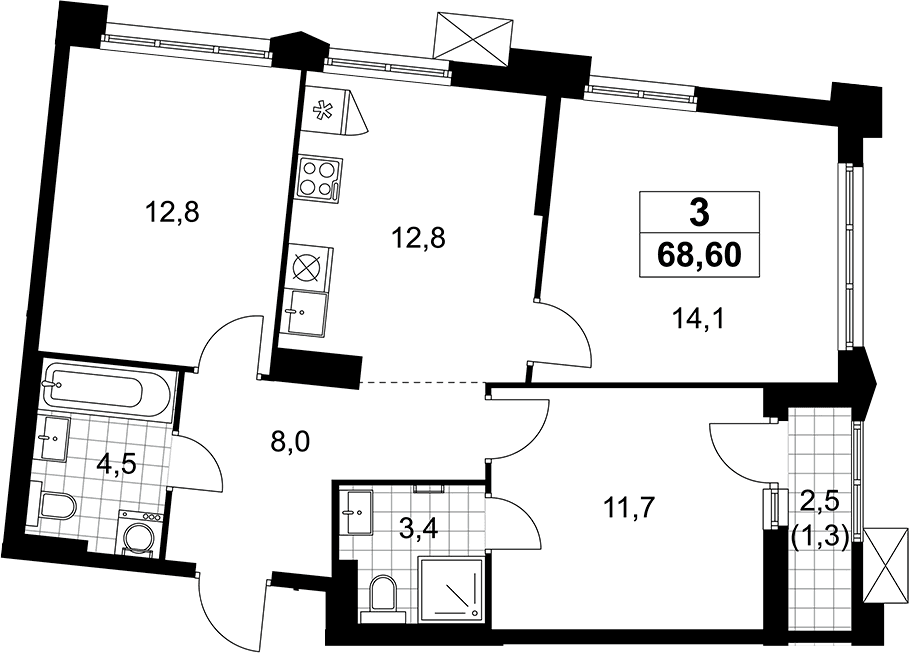 Планировка: 3-комнатная квартира 67,3 м² в ЖК «Деснаречье»