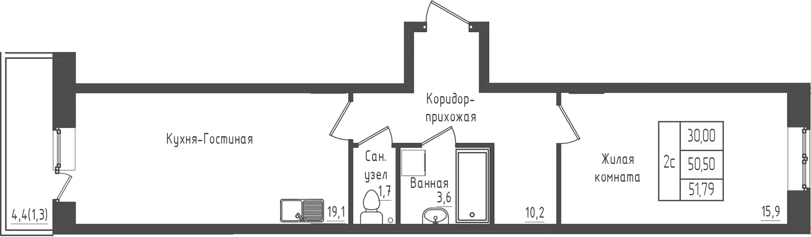 Планировка: 1-комнатная квартира 50,5 м² в ЖК «Зеленый город»