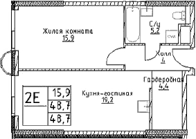 Планировка: Евродвушка 48,7 м² в ЖК «Наметкин Тауэр»