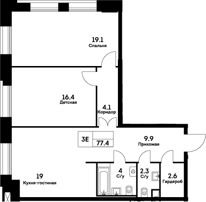 Планировка: Евротрёшка 77,4 м² в ЖК «ЭВЕР»