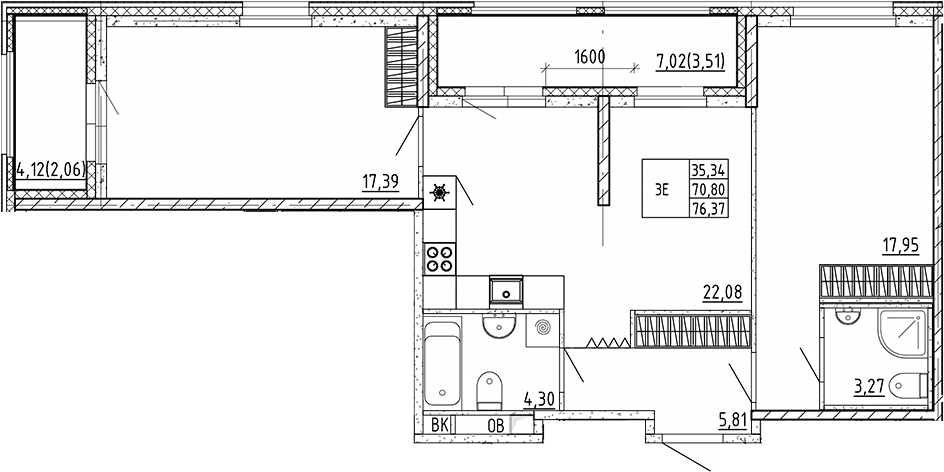 Планировка: Евротрёшка 70,8 м² в ЖК «Квартал Воронцовский»