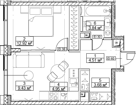 Планировка: Евродвушка 39,3 м² в ЖК «Сити Бэй»