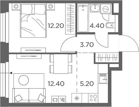 Планировка: Евродвушка 37,9 м² в ЖК «Белый Град»