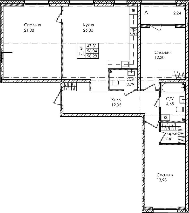 Планировка: Квартира евро-4 96 м² в ЖК «Лисино»