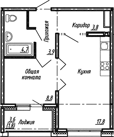 Планировка: Евродвушка 39 м² в ЖК «Сибирь»