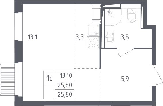 Планировка: Студия 25,8 м² в ЖК «Мытищи Парк»