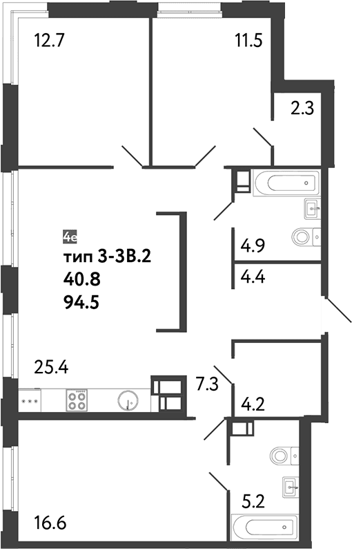 Планировка: Квартира евро-4 94,5 м² в ЖК «Струны»