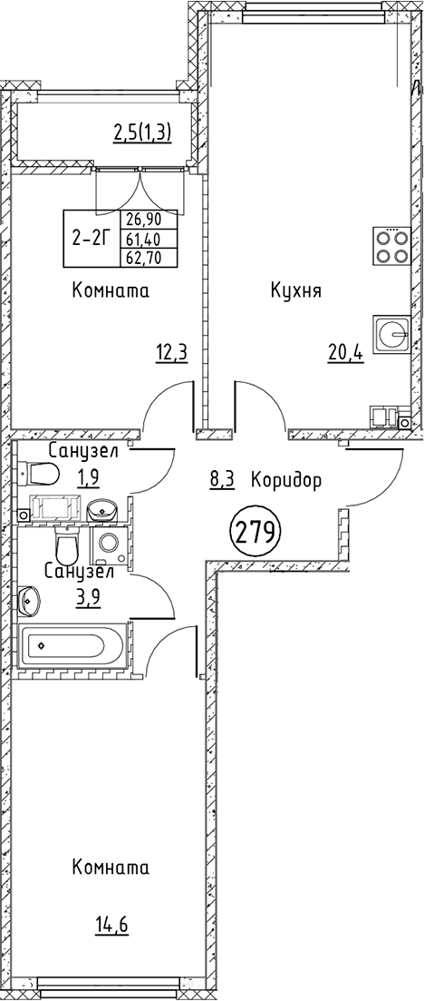 Планировка: Евротрёшка 61,4 м² в ЖК «Кронунг Юг»